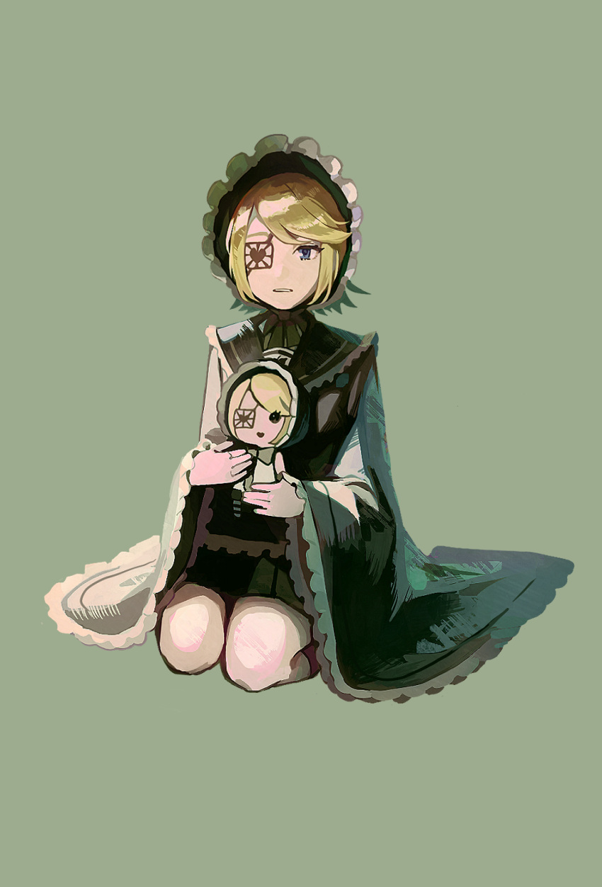 1girl, bangs, black_skirt, blonde_hair, blue_eyes, bonnet, bow, character_doll, doll, doll_hug, eyepatch, flipped_hair, frills, green_background, highres, holding, holding_doll, japanese_clothes, kagamine_rin, kneeling, long_sleeves, ni_no_sakura_kouchou_(module), nunosei, object_hug, one_eye_covered, parted_bangs, parted_lips, pleated_skirt, project_diva_(series), senbon-zakura_(vocaloid), simple_background, skirt, solo, vocaloid, wide_sleeves
