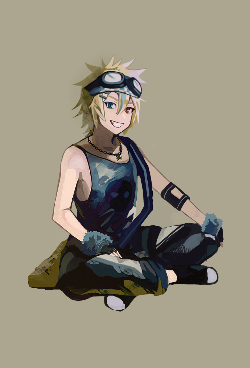 1boy, black_gloves, black_pants, blonde_hair, blue_eyes, blue_hair, fingerless_gloves, gloves