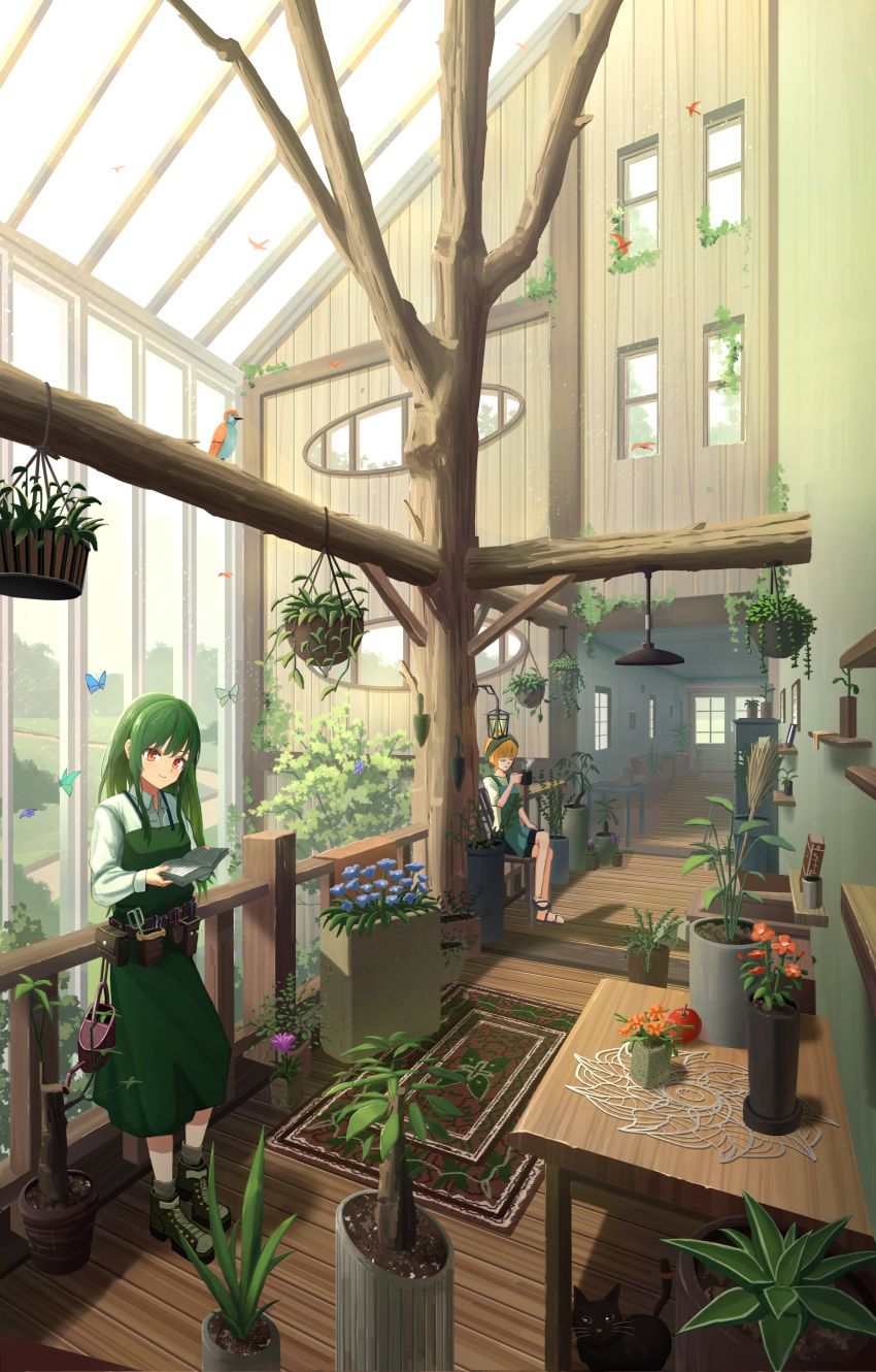 2girls, absurdres, animal, apple, apron, bangs, belt, bird, black_cat, blonde_hair, book, boots, bug, butterfly, cat, ceiling_light, closed_eyes, crossed_legs, cup, doily, flower, flower_pot, food, fruit, green_hair, hallway, hanging_lantern, hanging_plant, headband, high_ceiling, highres, holding, holding_book, holding_cup, indoors, long_hair, mug, multiple_girls, orange_eyes, original, picture_frame, pillar, plant, planter, potted_plant, round_window, rug, shelf, shovel, sitting, smile, soumura, table, tree, trowel, utility_belt, vines, watering_can, window