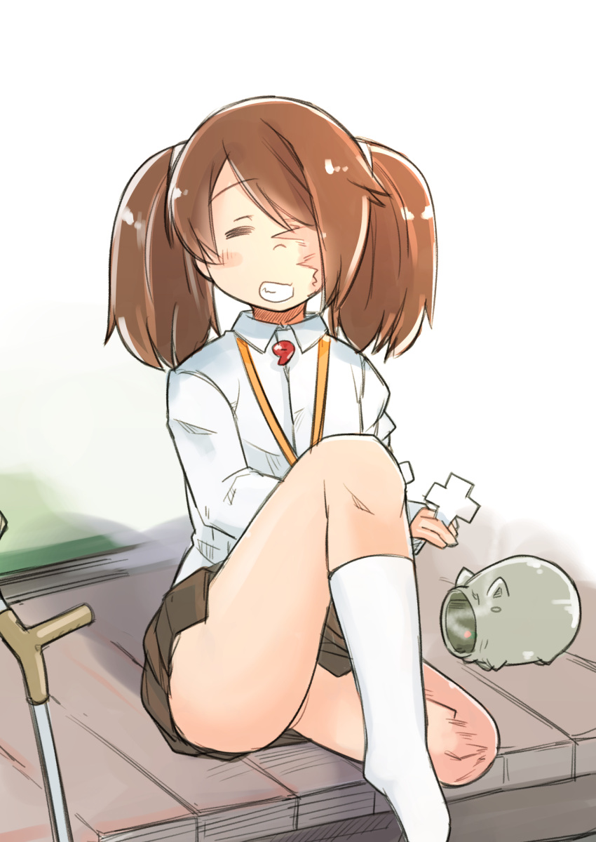 1girl, amputee, asymmetrical_bangs, bangs, brown_hair, closed_eyes, crutch, enjaku_izuku