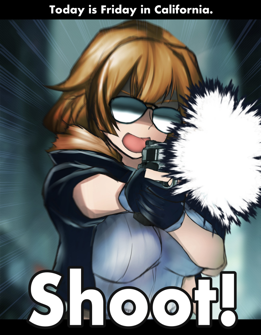 1girl, absurdres, aviator_sunglasses, brown_hair, english_text, finger_on_trigger, fingerless_gloves, firing