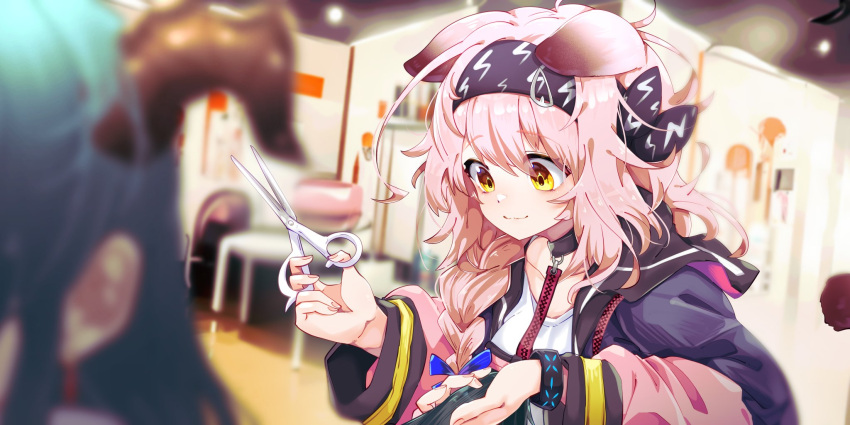 2girls, animal_ears, arknights, bangs, black_choker, black_hairband, blue_bow, blue_hair