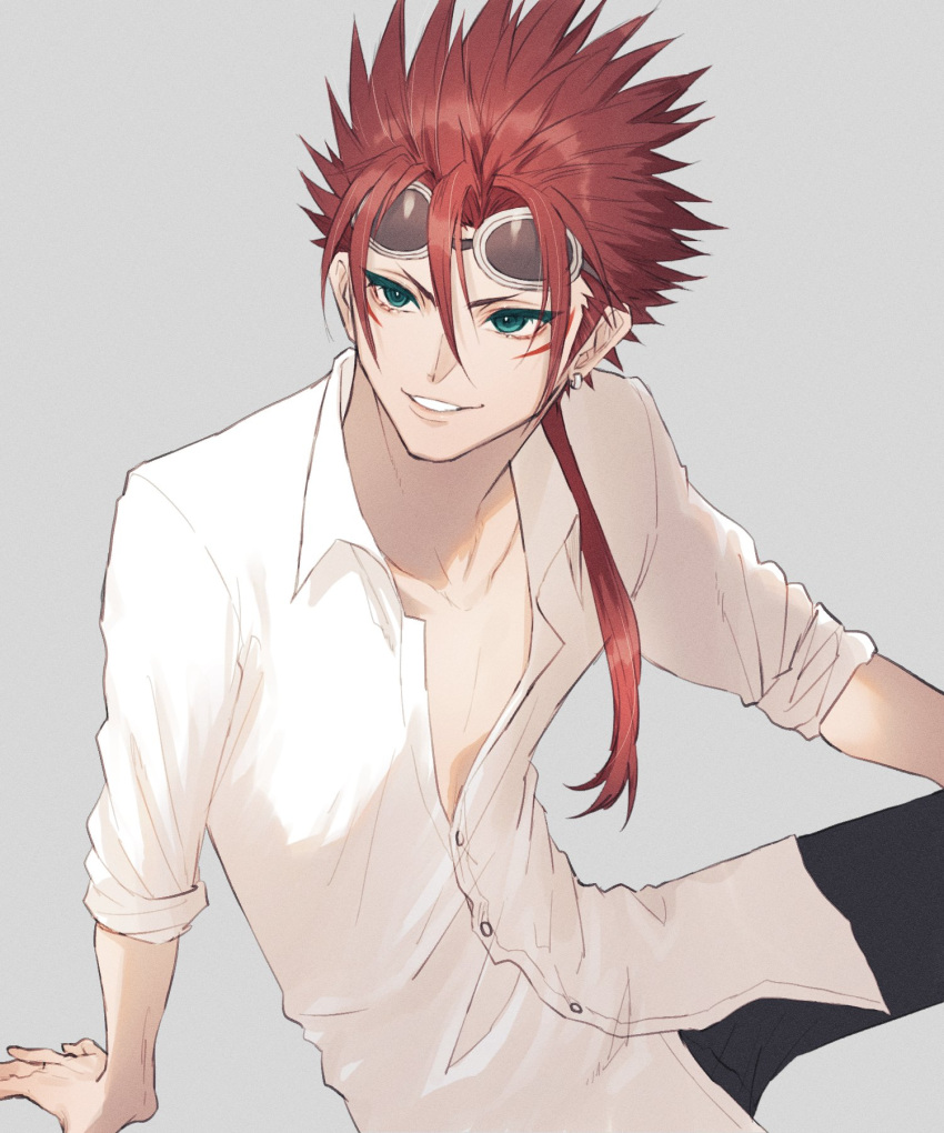 1boy, ah_yoshimizu, black_pants, buttons, collared_shirt, cowboy_shot, earrings, facial_mark