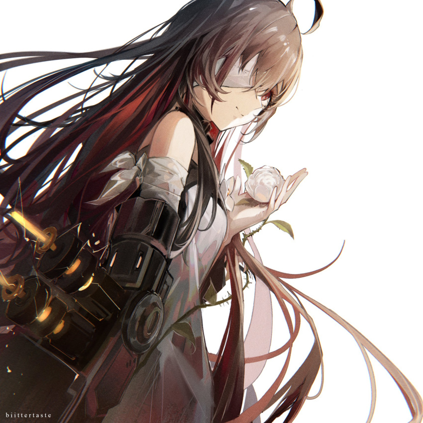 1girl, ahoge, alchemy_stars, artist_name, bandaged_arm, bandages, bangs, biittertaste