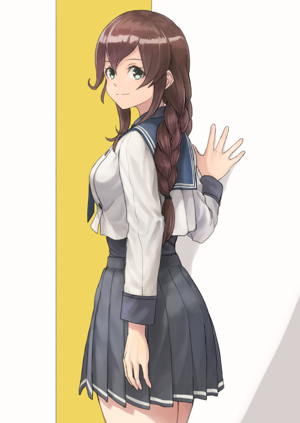 1girl, bangs, blue_sailor_collar, braid, breasts, brown_hair, closed_mouth, green_eyes