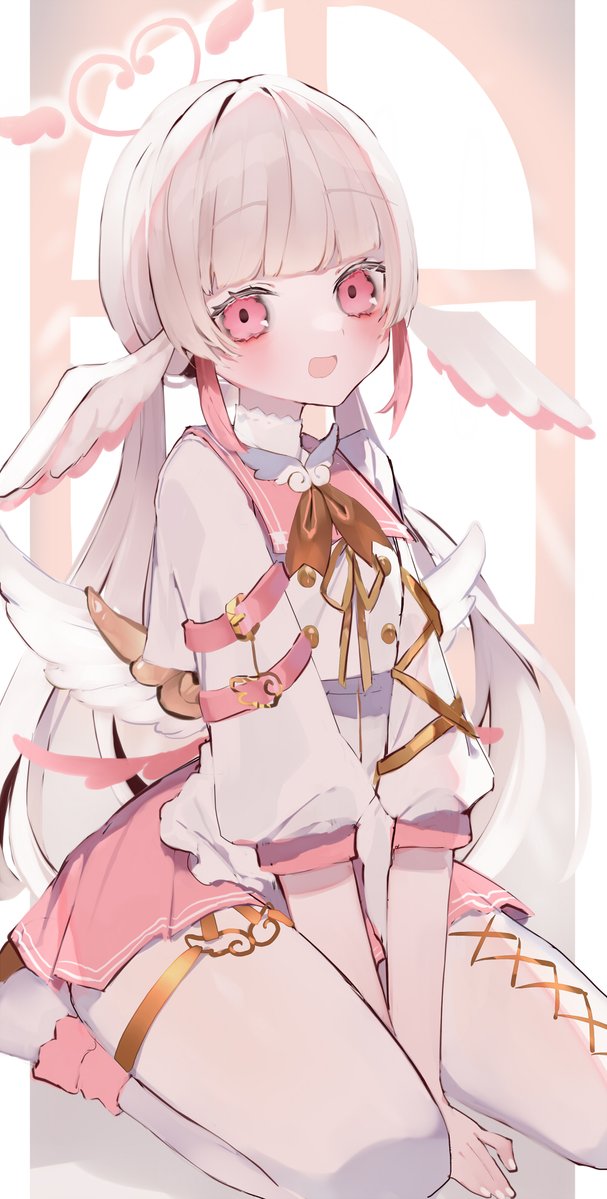 1girl, apron, arm_support, bangs, blunt_bangs, buttons, double-breasted, head_wings