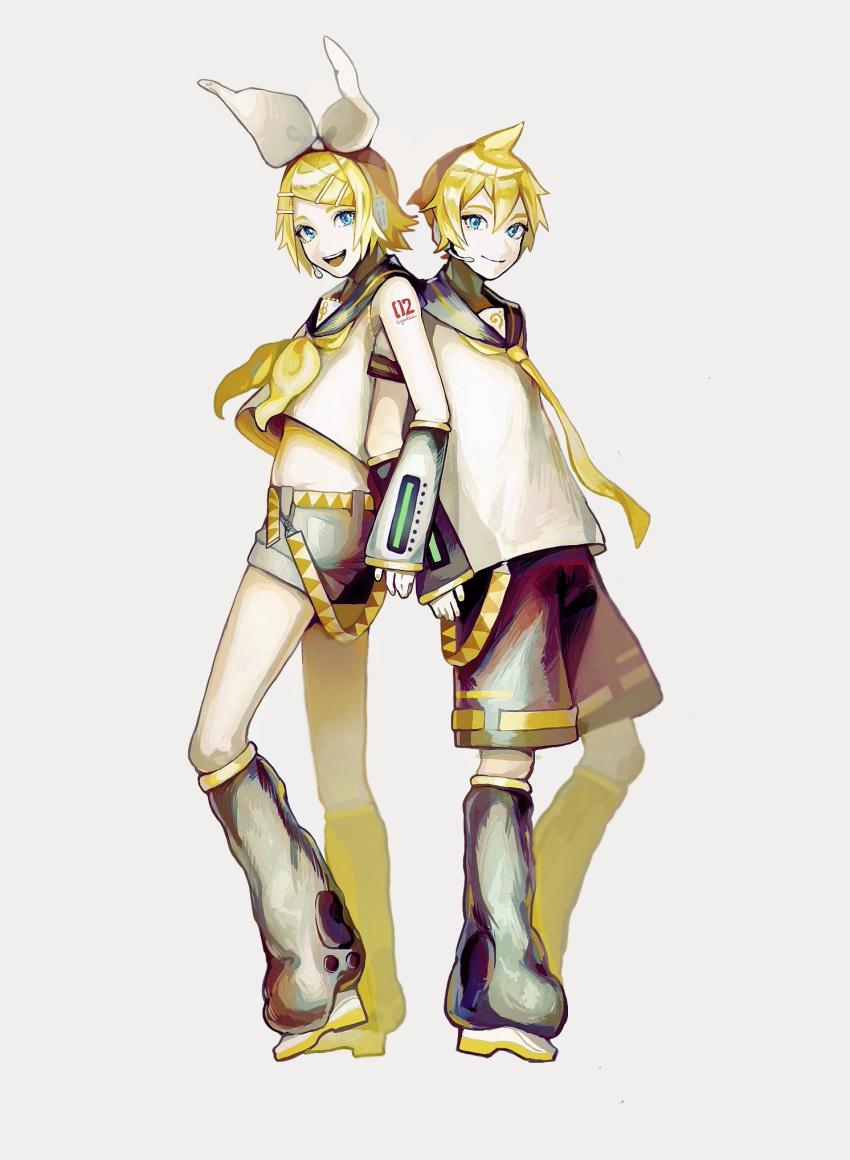 1boy, 1girl, back-to-back, bangs, bass_clef, black_shorts, black_sleeves, blonde_hair