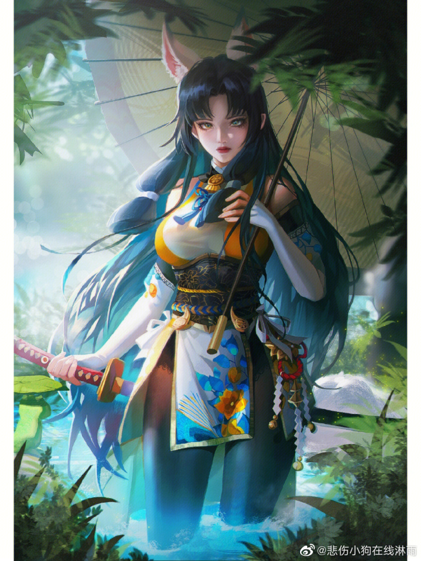 1girl, animal_ears, beishang_xiaogou_zaixian_linyu, black_hair, expressionless, grass, hand_on_own_chest, highres, holding, holding_umbrella, leaf, long_hair, outdoors, rock, sash, sidelocks, solo, sword, thigh-highs, tsuchimikado_kurumi_(yong_jie_wujian), umbrella, upper_body, vegetation, water, weapon, yong_jie_wujian