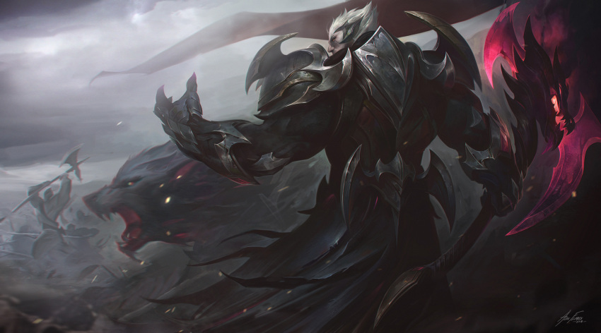 1boy, alex_flores, alternate_costume, armor, artist_name, axe, battle, battlefield, clouds, cloudy_sky, darius_(league_of_legends), fantasy, gauntlets, glowing, glowing_weapon, god-king_darius, highres, league_of_legends, looking_to_the_side, male_focus, manly, mature_male, muscular, muscular_male, official_art, outdoors, red_eyes, short_hair, shoulder_armor, shoulder_pads, signature, sky, sparks, spiky_hair, war, weapon, white_hair, wolf