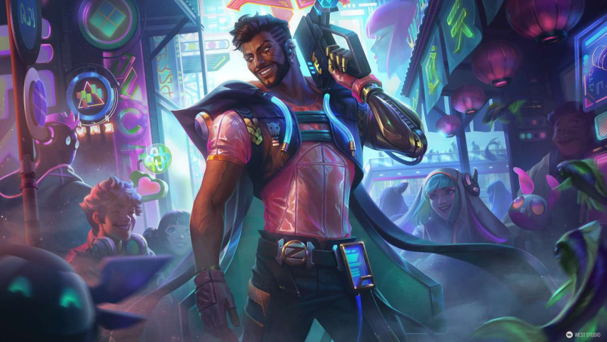 akshan_(league_of_legends), alternate_costume, android, beard, biceps, cape, city, city_lights, compression_shirt, cyber_pop_akshan, cyberpunk, dark-skinned_male, dark_skin, day, ear_piercing, earrings, facial_hair, fantasy, feet_out_of_frame, fingerless_gloves, gloves, gun, jewelry, league_of_legends, leather, leather_belt, logo, looking_to_the_side, male_focus, mature_male, multiple_boys, multiple_girls, muscular, muscular_male, neon_lights, outdoors, pants, piercing, prosthesis, prosthetic_arm, road, road_sign, shirt, short_hair, short_sleeves, sign, smile, street, sun, sunlight, teeth, weapon, west_studio