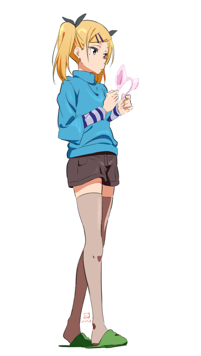 1girl, blonde_hair, cat_ear_hairband, expressionless, full_body, grey_eyes, hair_ornament, hairband_removed