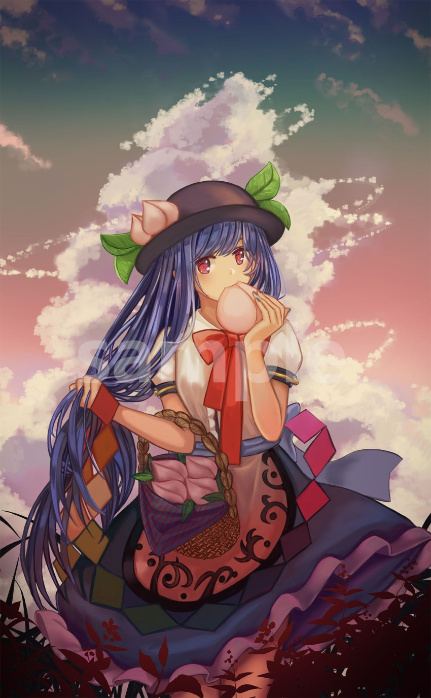 1girl, basket, black_headwear, blue_hair, blue_skirt, food, food-themed_hat_ornament, frilled_skirt