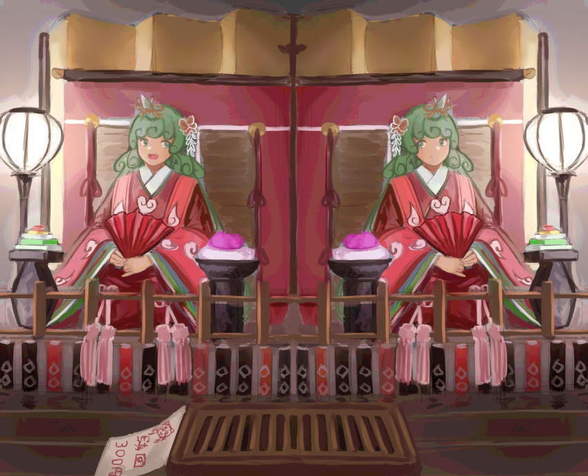 2girls, alternate_costume, box, cloud_print, curly_hair, donation_box, dual_persona, folding_fan