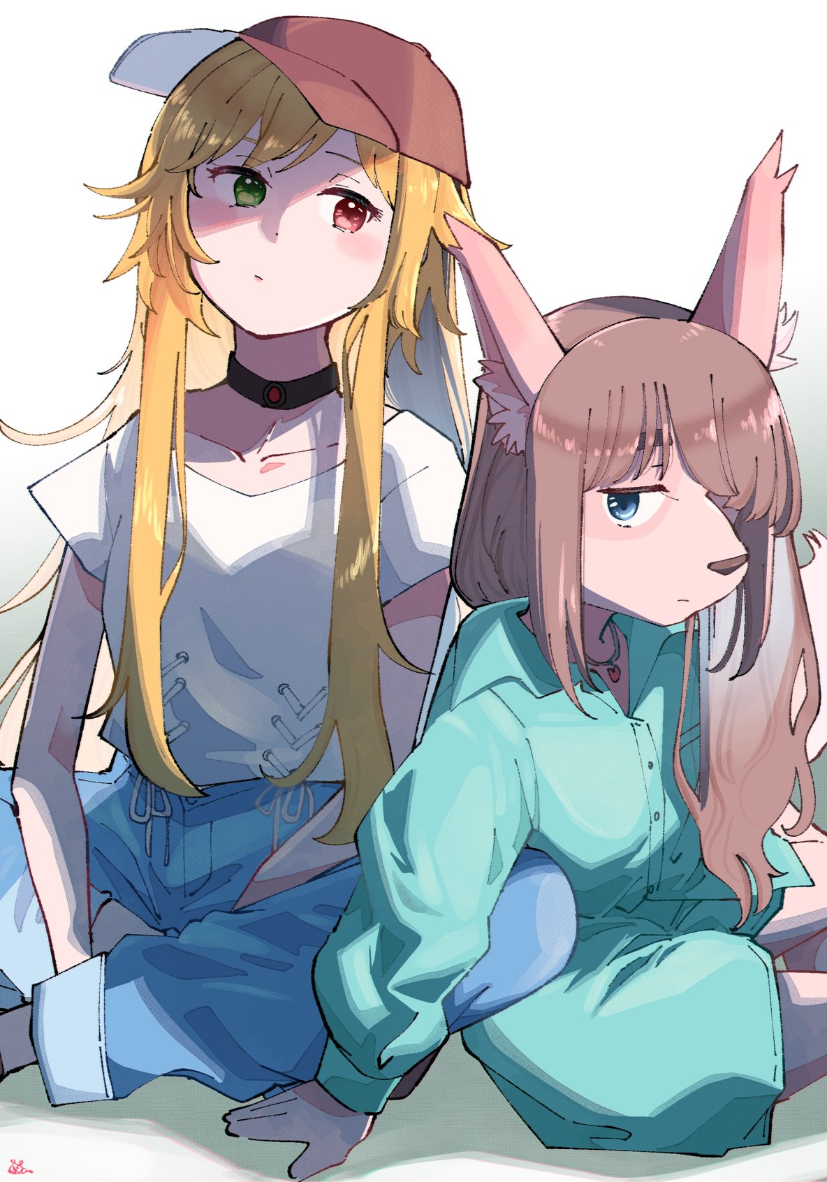 1boy, 1girl, animal_ears, animal_nose, arm_support, bangs, baseball_cap, blonde_hair
