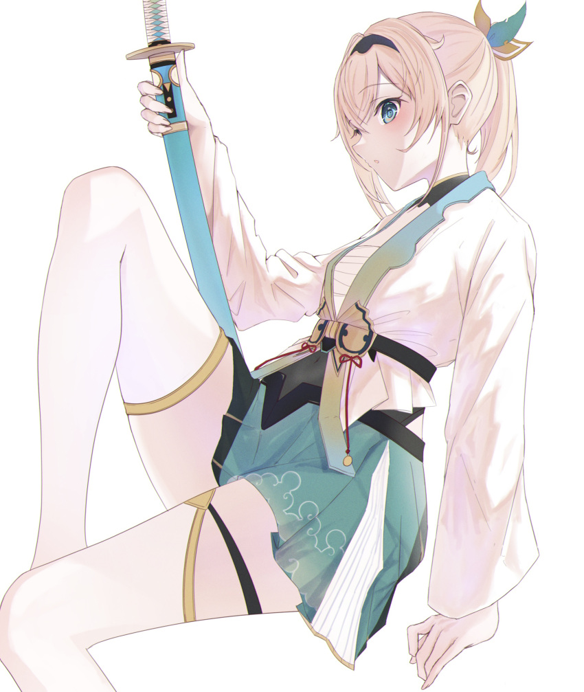 1girl, absurdres, black_hairband, blonde_hair, blue_eyes, blush, green_skirt, hair_intakes