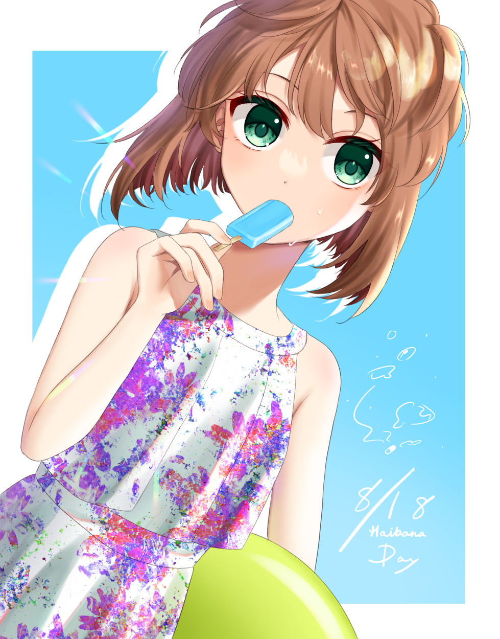 1girl, border, brown_hair, character_name, dress, food, green_eyes, haibara_ai, highres, looking_at_viewer, medium_hair, meitantei_conan, popsicle, print_dress, shinomono921, shiny, shiny_hair, sleeveless, sleeveless_dress, solo, straight_hair, sweatdrop, white_border
