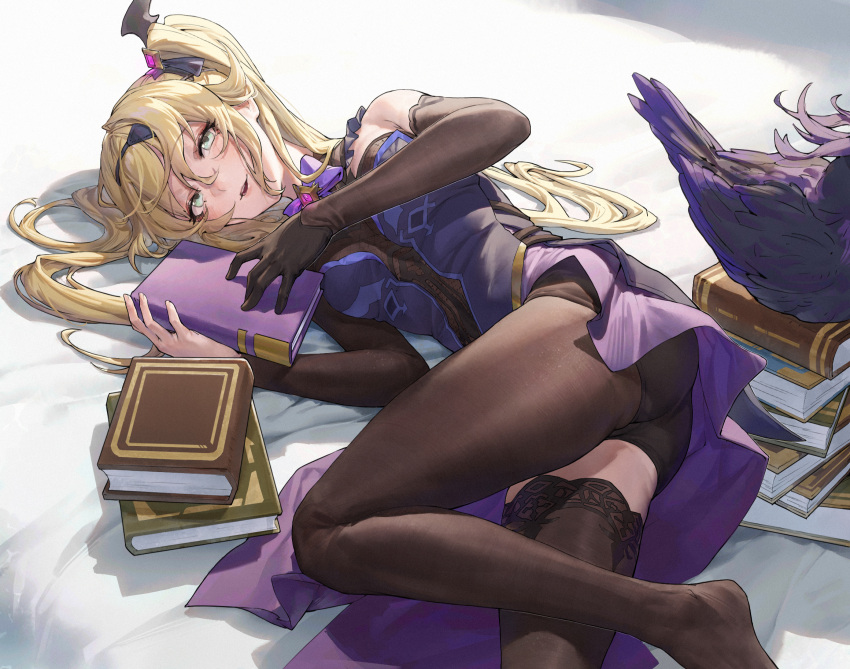 1girl, asymmetrical_gloves, bangs, black_bodysuit, black_thighhighs, blonde_hair, bodysuit, book