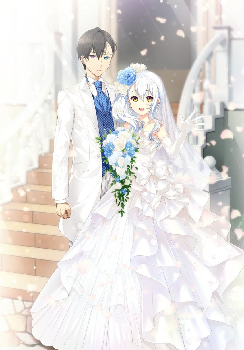1boy, 1girl, :d, black_hair, blue_eyes, blue_flower, blue_necktie, blue_vest