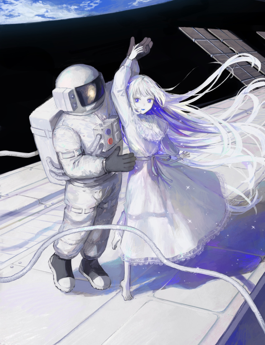 1girl, 1other, absurdres, arm_up, barefoot, blue_eyes, blue_hair, blue_lips
