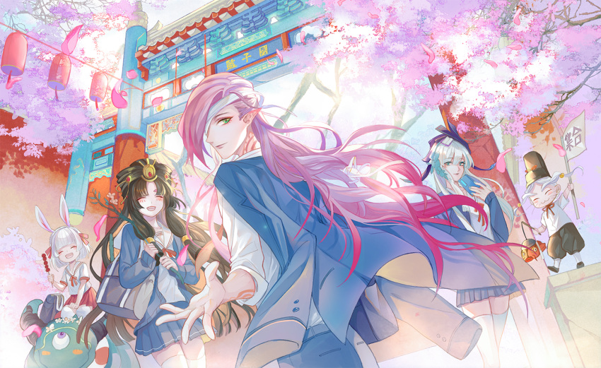 2boys, 3girls, animal_ears, aoandon, bishounen, ebisu_(onmyoji), green_eyes, holding