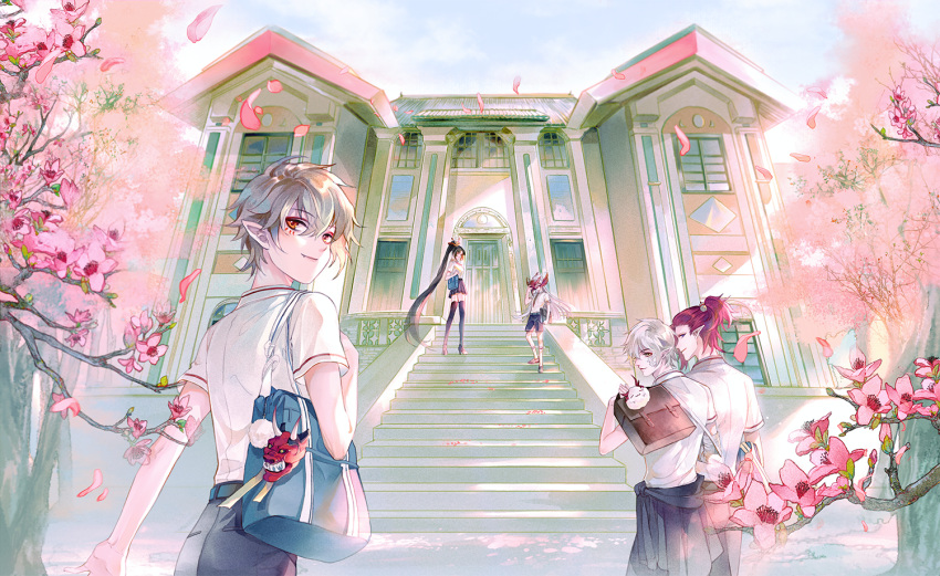 1girl, 4boys, alternate_costume, bag, bangs, facial_mark, hannya_(onmyoji), high_ponytail