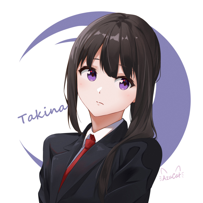 1girl, absurdres, artist_name, azucat, black_hair, black_suit, character_name, closed_mouth, collared_shirt, commentary, formal, highres, inoue_takina, long_hair, looking_at_viewer, lycoris_recoil, necktie, ponytail, red_necktie, shirt, solo, suit, upper_body, violet_eyes