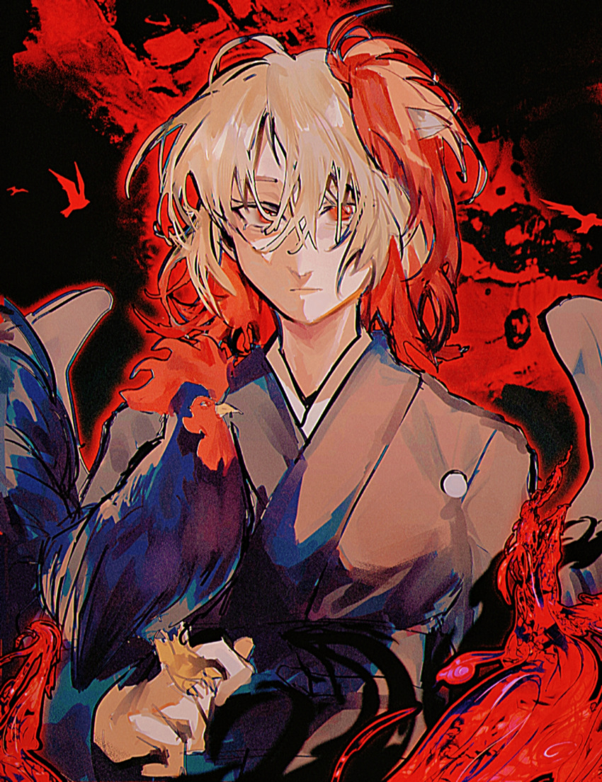 1girl, absurdres, alternate_costume, animal, bird, bird_on_hand, bird_wings, black_kimono