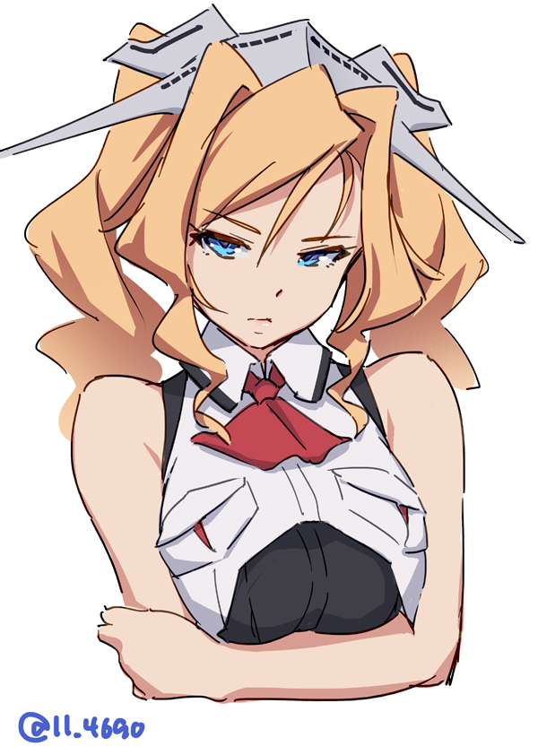 1girl, 4690_(tkpbsk), ascot, blonde_hair, blue_eyes, breasts, crossed_arms, drill_hair