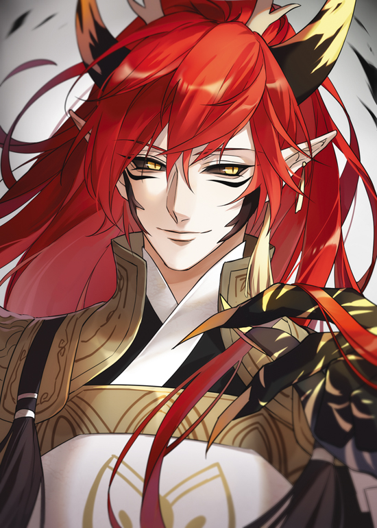 1boy, black_sclera, colored_sclera, earrings, horns, japanese_clothes, jewelry, long_hair