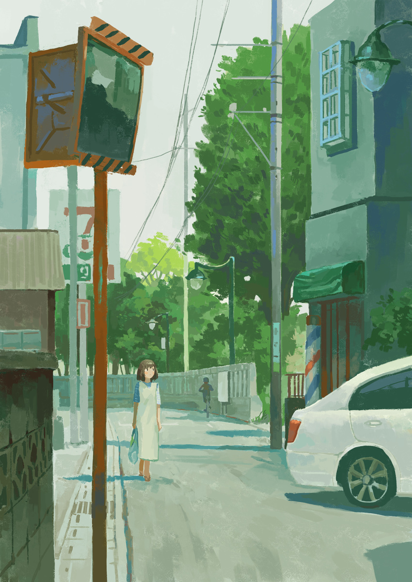 1girl, 1other, bag, barber_pole, bicycle, brown_hair, car, commentary_request