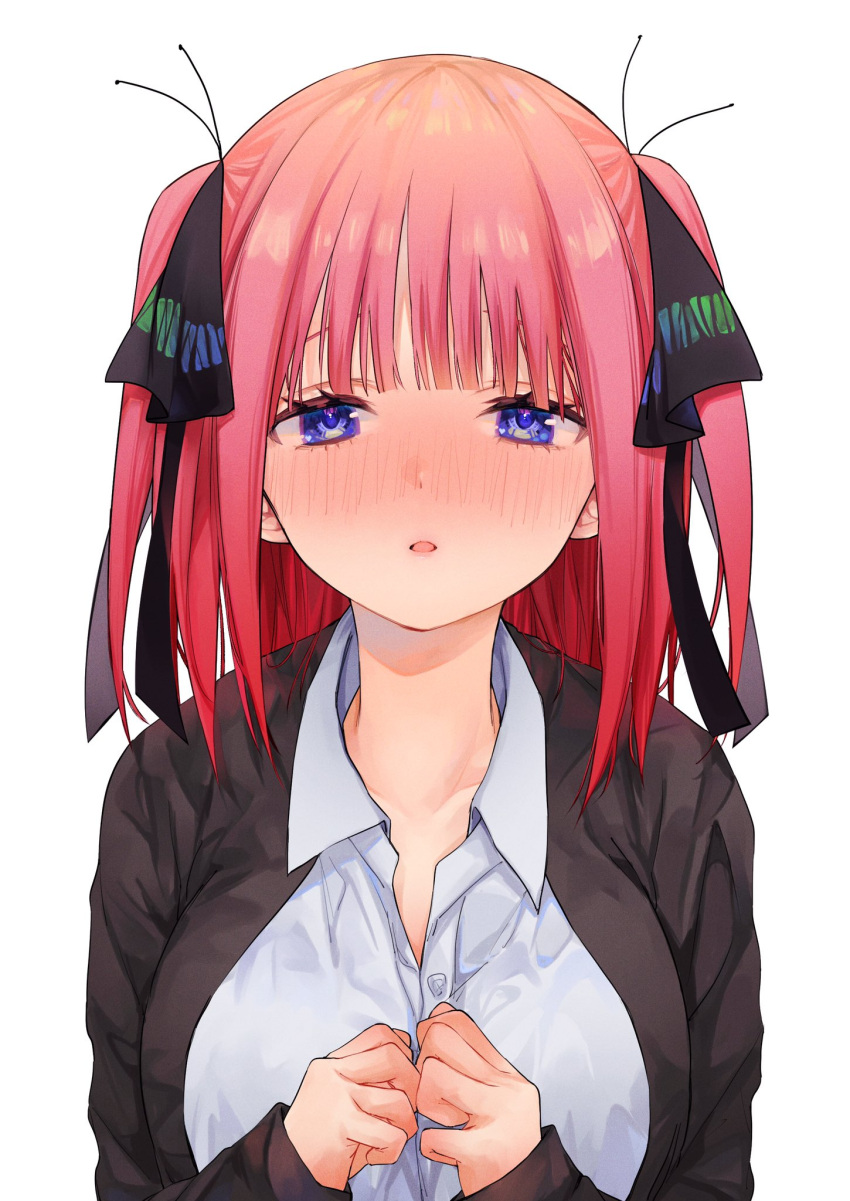 1girl, bangs, black_cardigan, black_ribbon, blue_eyes, blunt_bangs, blush, breasts, butterfly_hair_ornament, cardigan, collarbone, eyebrows_hidden_by_hair, go-toubun_no_hanayome, hair_ornament, half-closed_eyes, hands_on_own_chest, highres, large_breasts, looking_at_viewer, memidesuyo, nakano_nino, open_cardigan, open_clothes, own_hands_together, pink_hair, puckered_lips, raised_eyebrows, ribbon, school_uniform, shirt, simple_background, sleeves_past_wrists, twintails, white_background, white_shirt