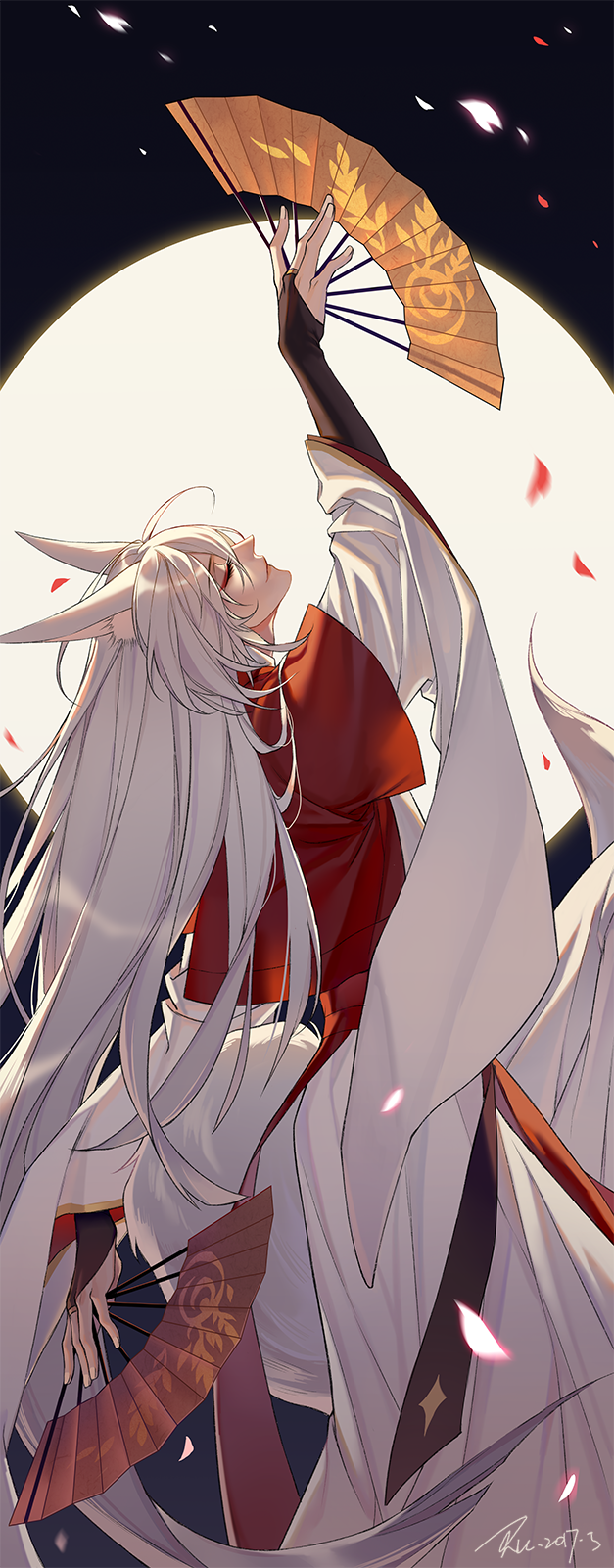 1boy, animal_ears, bishounen, closed_eyes, facial_mark, falling_petals, fox_ears, full_moon