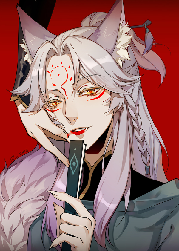 1boy, animal_ears, bishounen, facial_mark, fox, fox_ears, hand_fan, japanese_clothes
