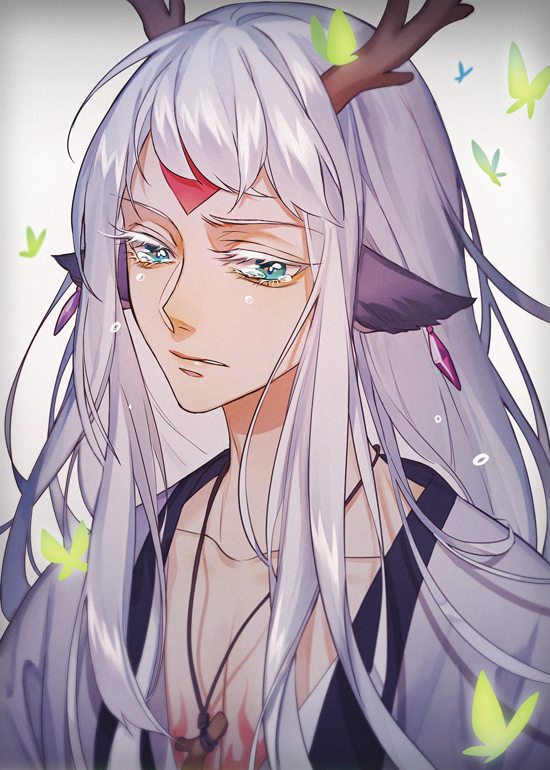 1boy, animal_ears, antlers, bishounen, bug, butterfly, centauroid, crying