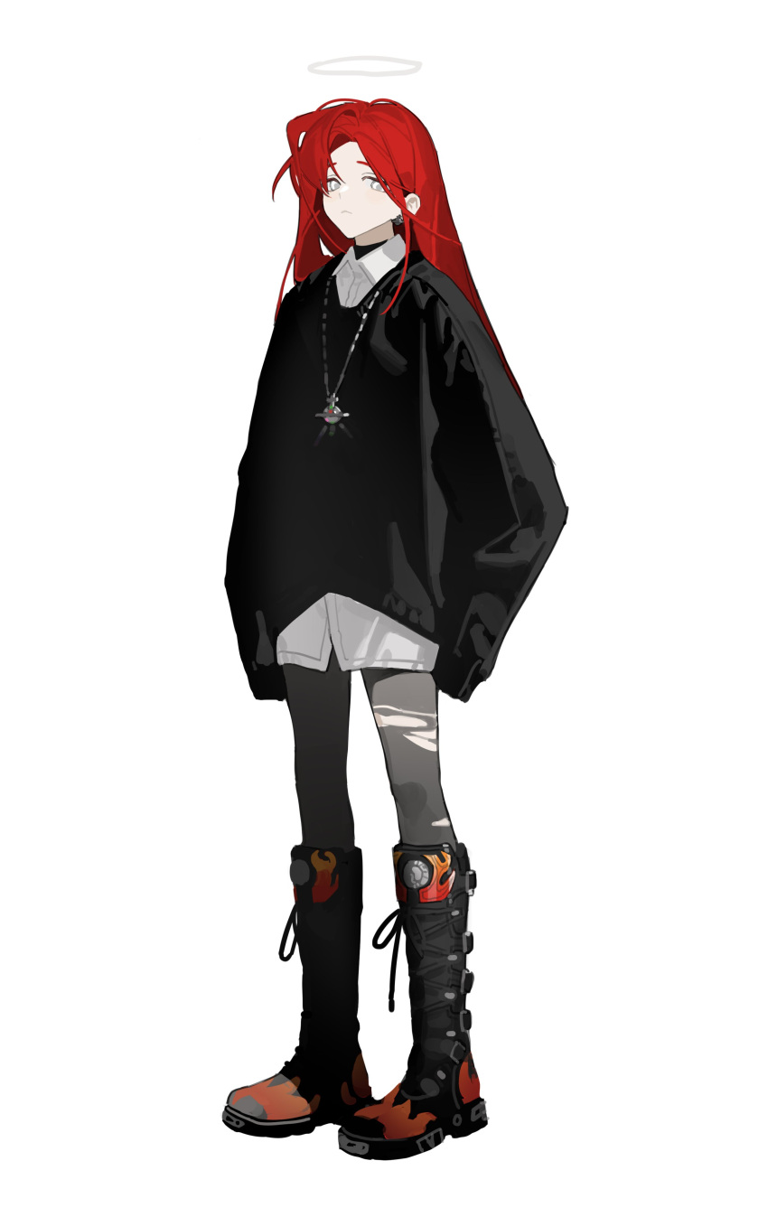 1other, :<, absurdres, ambiguous_gender, black_footwear, boots, closed_mouth, cross