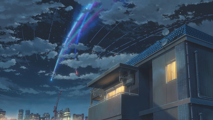 absurdres, air_conditioner, antennae, architecture, building, cable, city, clouds