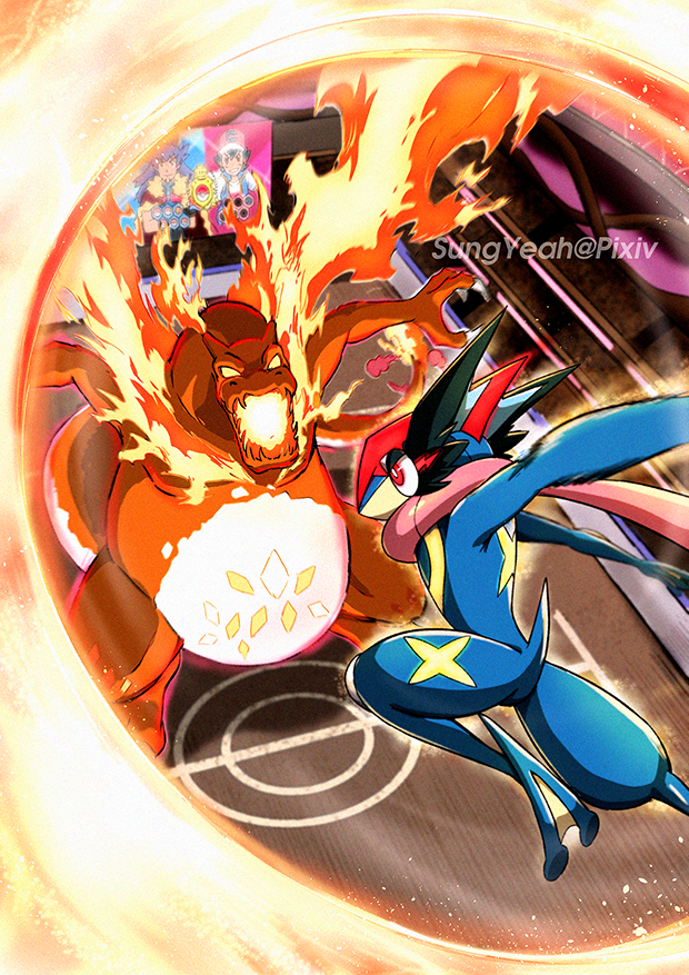 ash-greninja, ash_ketchum, bond_phenomenon_(pokemon), bright_pupils, charizard, claws, commentary_request, dynamax