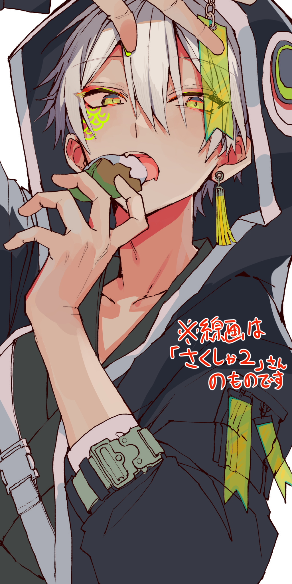1boy, amenochi_hare, black_jacket, earrings, eating, facial_mark, food, hair_between_eyes