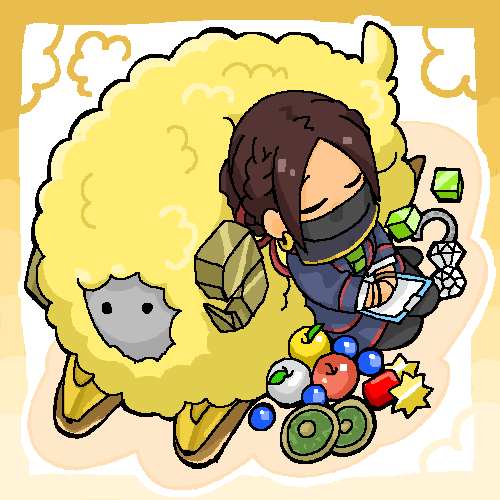 1girl, apple, bangs, beads, black_pantyhose, blue_jacket, blue_skirt, border, bracelet, braid, braided_bun, brown_hair, clipboard, closed_eyes, commentary, cube, dumuzid_(fate), earrings, english_commentary, fate/grand_order, fate_(series), food, fruit, gem, golden_apple, green_necktie, hair_bun, hair_ribbon, haretaka, jacket, jewelry, leaning_on_animal, lowres, mana_prism, mouth_veil, necktie, no_shoes, outline, pantyhose, parted_bangs, red_gemstone, red_ribbon, ribbon, sheep, siduri_(fate), silver_apple, sitting, skirt, sleeping, veil, white_background, white_gemstone, white_outline, yellow_border, yokozuwari