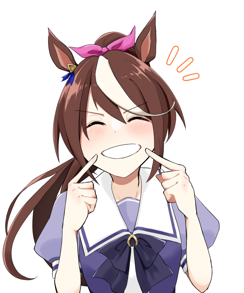 1girl, animal_ears, bow, bowtie, brown_hair, commentary_request, ear_piercing, fingersmile