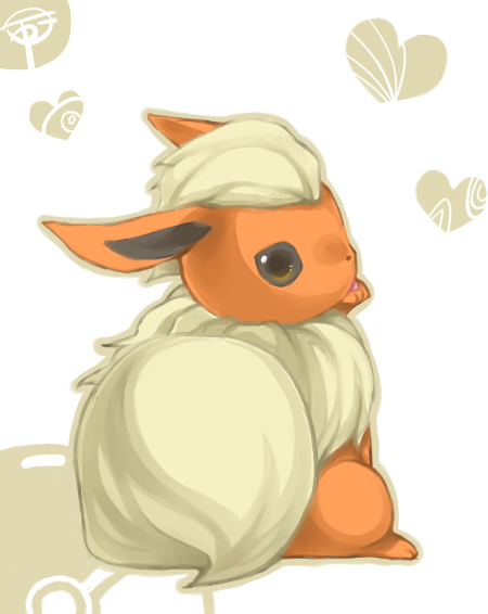 animal_focus, artist_name, blonde_hair, brown_eyes, commentary, english_commentary, flareon, fluffy, from_behind, full_body, fur_collar, heart, licking, looking_at_viewer, looking_back, no_humans, outline, poke_ball_symbol, pokemon, pokemon_(creature), puddingx2, short_hair, signature, sitting, solo, tongue, tongue_bath, tongue_out, white_background, yellow_outline