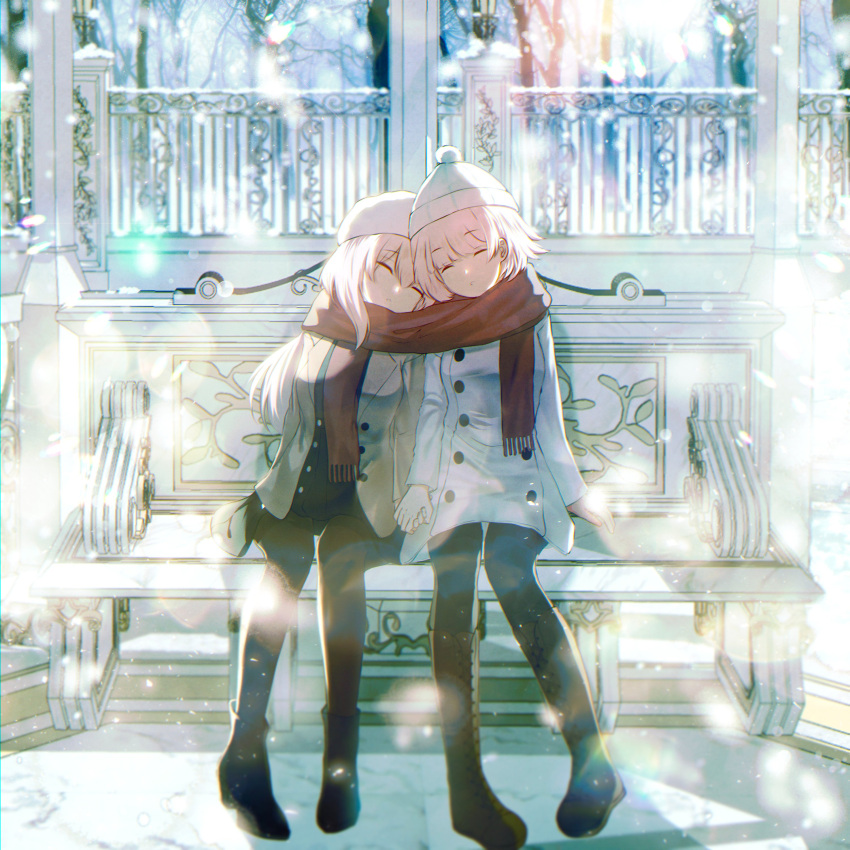 2girls, ^_^, absurdres, beanie, black_footwear, black_pantyhose, blue_headwear, blue_jacket