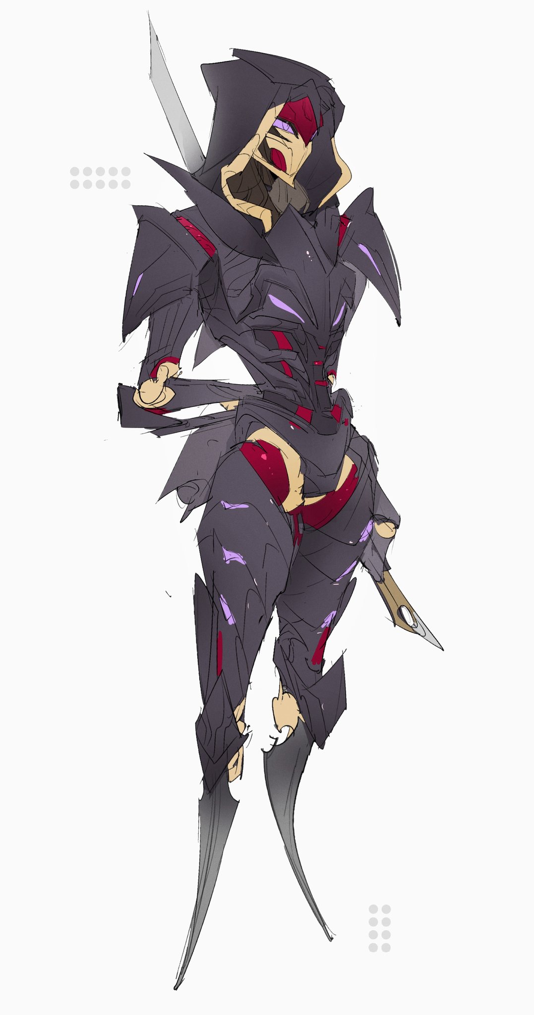 1girl, animification, apex_legends, arm_behind_back, ash_(titanfall_2), existential_threat_ash, full_body, head_tilt, highres, holding, holding_sword, holding_weapon, hood, hood_up, humanoid_robot, looking_ahead, ruu47, science_fiction, simulacrum_(titanfall), sketch, solo, standing, sword, violet_eyes, weapon, white_background