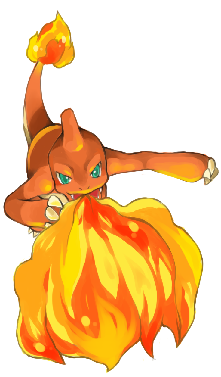 animal_focus, aqua_eyes, arm_up, breathing_fire, charmeleon, claws, commentary, english_commentary, fangs, fire, flame-tipped_tail, from_above, hand_up, highres, no_humans, open_mouth, orange_theme, outstretched_arm, pokemon, pokemon_(creature), puddingx2, simple_background, solo, standing, white_background
