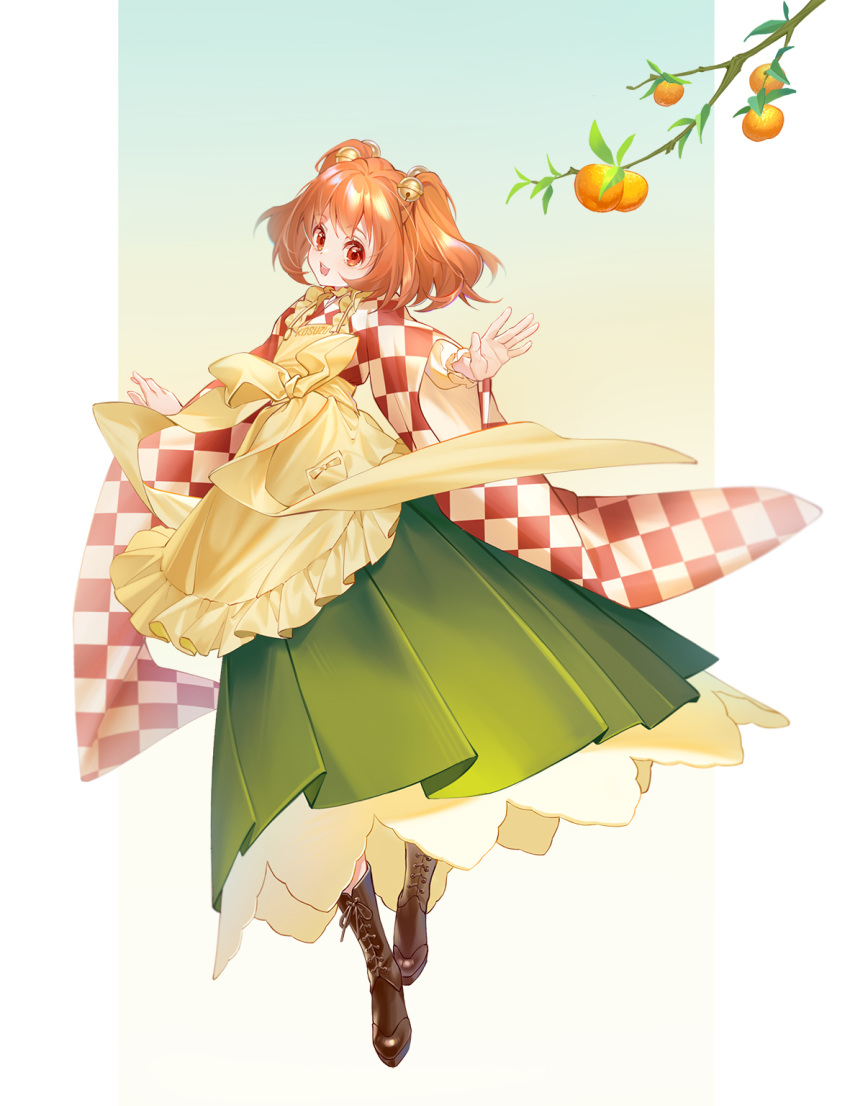 1girl, :d, apron, bangs, bell, boots, branch, brown_footwear