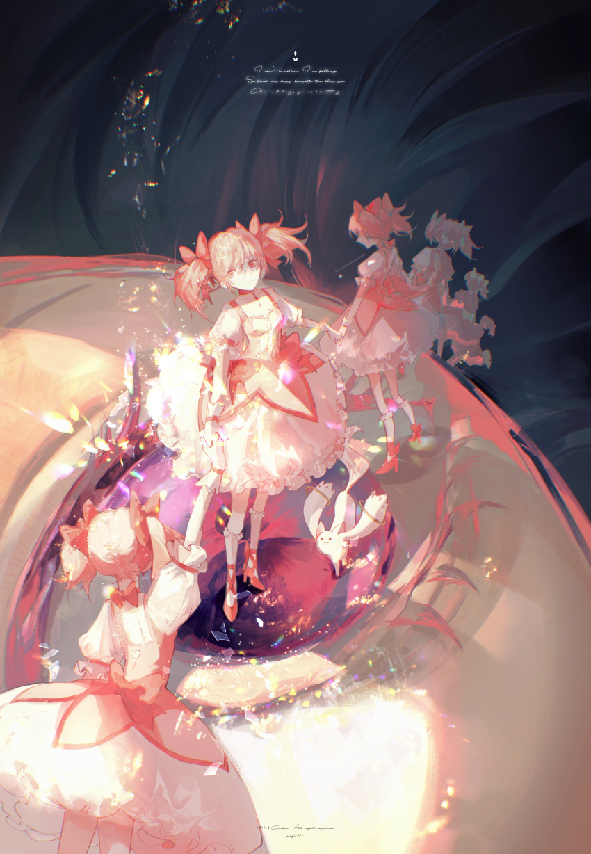 6+girls, absurdres, akemi_homura, bangs, bow, bow_choker, bubble_skirt, buttons, caibaozi, chinese_commentary, choker, chromatic_aberration, clone, collarbone, commentary_request, dated, dress, dress_bow, footwear_bow, frilled_skirt, frilled_sleeves, frilled_socks, frills, from_above, giant, giantess, gloves, hair_bow, highres, holding_hands, kaname_madoka, kyubey, light_particles, looking_at_viewer, looking_up, mahou_shoujo_madoka_magica, multiple_girls, multiple_persona, outstretched_arm, pendant_choker, pink_bow, pink_choker, pink_dress, pink_eyes, pink_gemstone, pink_hair, puffy_short_sleeves, puffy_sleeves, red_footwear, shoes, short_hair, short_sleeves, short_twintails, signature, size_difference, skirt, smile, socks, standing, twintails, violet_eyes, white_gloves, white_skirt, white_socks