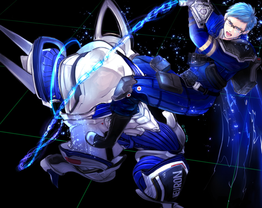 1boy, :d, astral_chain, belt, black_background, blue_eyes, blue_hair, bodysuit, chain, glasses, highres, holding, holding_weapon, pouch, smile, solo, weapon, xiangzhi08