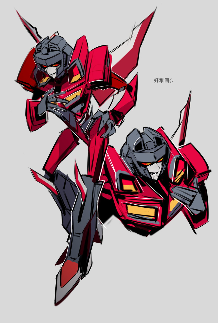 decepticon, grey_background, hand_on_hip, hand_on_own_chest, highres, leaning_forward, mecha, multiple_views