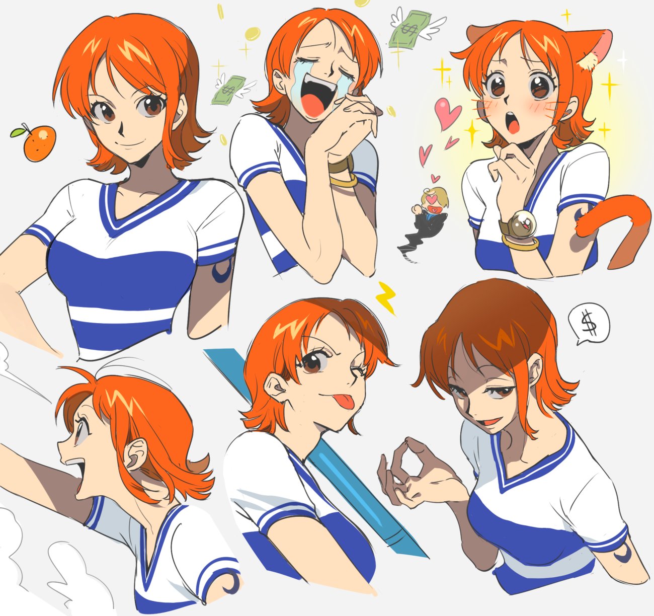 1boy, 1girl, ;p, animal_ears, blue_shirt, breasts, brown_eyes, cat_ears