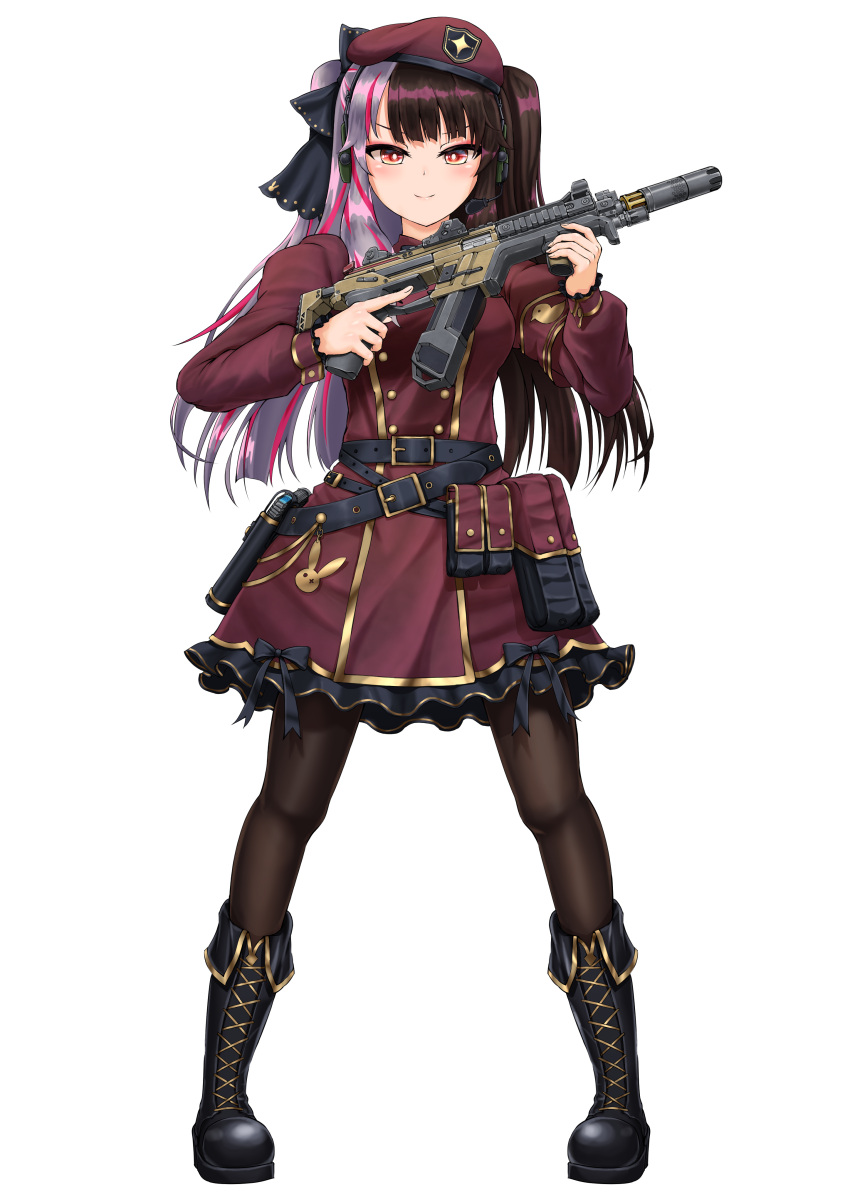 1girl, absurdres, apex_legends, bangs, beret, black_footwear, black_pantyhose, black_ribbon